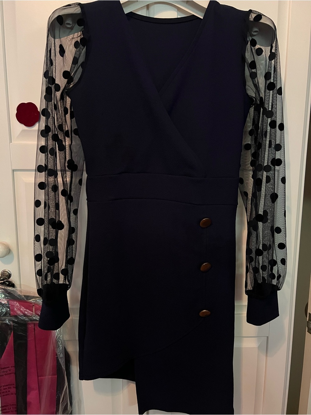 💕NEW Sexy K fashion Sheer Polka Dot Sleeve Navy Asymmetric bodycorn Dress
